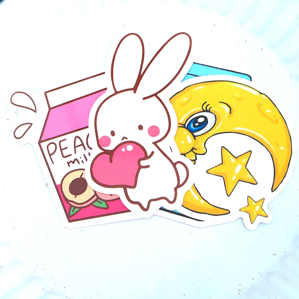 Water bottle stickers. Size: 2 in. Colors include: blue, pink, white, and yellow